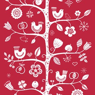 red and white traditional fabric print of tree, birds and flowers printed on cotton for interiors