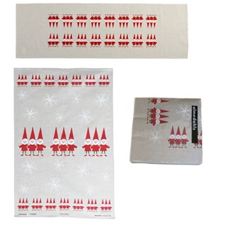 red and white nordic elves christmas table runner, napkin and tea towel gift set