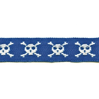 mr bones trim - blue skull and crossbones in blue motif decorative woven trimming braid