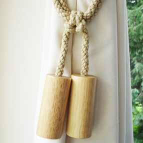 wooden cylinder tiebacks - natural natural wood cylinder curtain tieback with cotton rope embrace