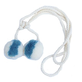 fluffy wooly pompom curtain tieback in baby blue and white for young boys room