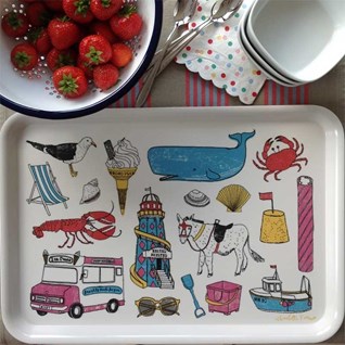 colourful seaside fun large tray by charlotte farmer featuring classic beach items