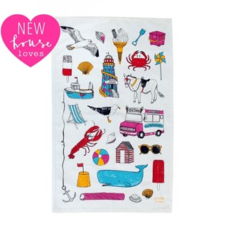 brightly coloured seaside fun tea towel by charlotte farmer featuring beach holiday items