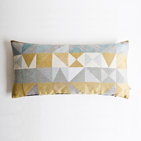 Southwold Geometric Cushion Mustard mustard & grey woven cushion by Laura Fletcher with geometric weave