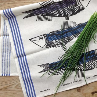 blue swedish fish cotton/linen kitchen tea towel of swimming fish