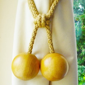 wooden ball tiebacks - waxed wooden curtain tieback in waxed wood