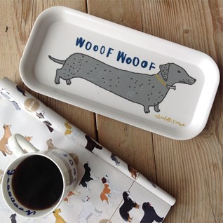 wooof drinks tray showing dachshund sausage dogs saying woof