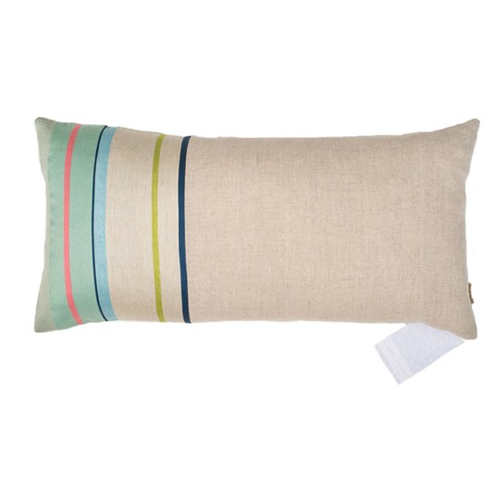 Aldeburgh Stripe cushion in blue & green woven striped cushion in bright red, yellow and green on a beige ground