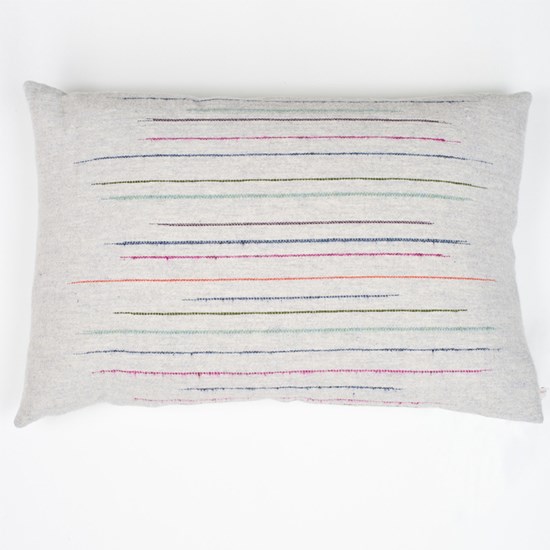 chalkney stripe cushion in soft grey slub effect striped woven cushion by Laura Fletcher in multi colour on off-white ground
