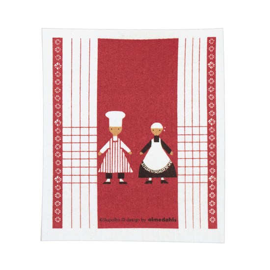 dancing cooks sponge cloth - red red & white washing up kitchen sponge cloth with two dancing cooks in the design