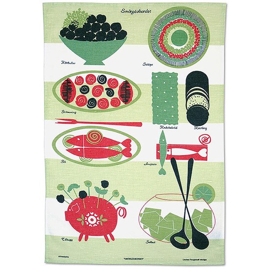 green & red lazy lunch tea towel vintage 50's design by Louise Fougstedt of a scandinavian lunch