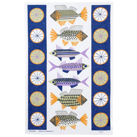 fish market tea towel fish market kitchen tea towel featuring 1950s blue & purple fish on cotton/linen fabric