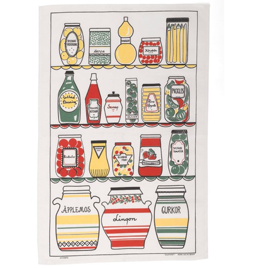 Swedish pantry tea towel swedish pantry designer tea towel with retro jars and bottles in a 1950's larder