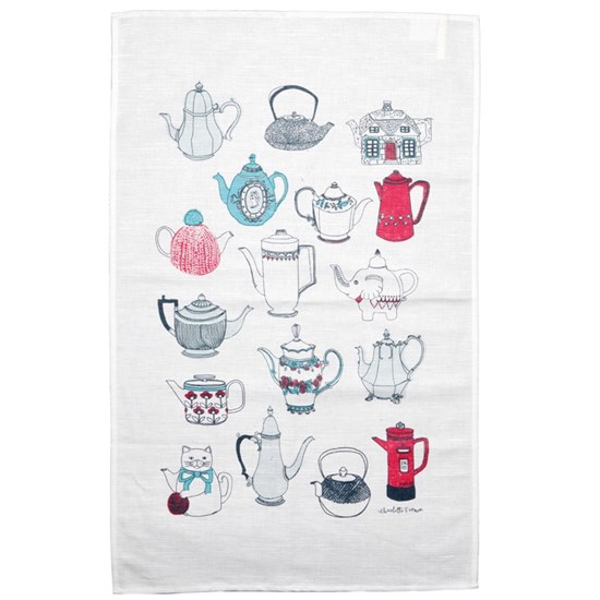 always warm the tea pot tea towel tea pot tea towel with collection of souvenir tea pots on cotton fabric