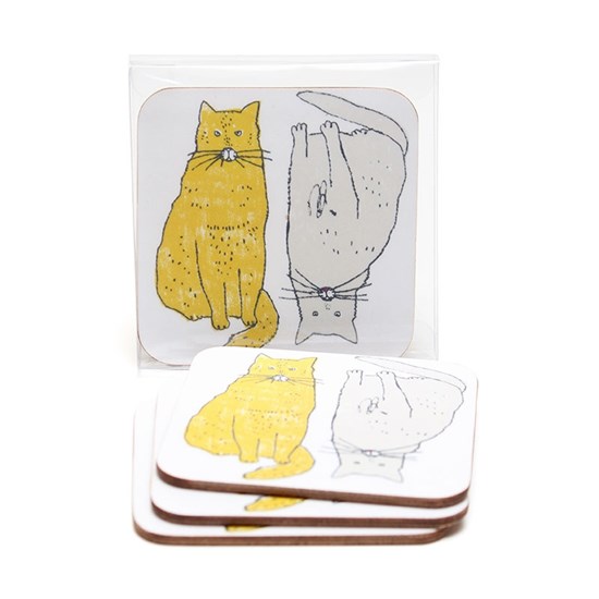 meow coasters by illustrator charlotte farmer of two humorous fat yellow and grey cats