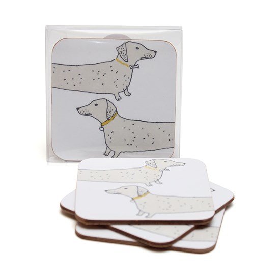 wooof coasters with dachshund sausage dogs saying woof