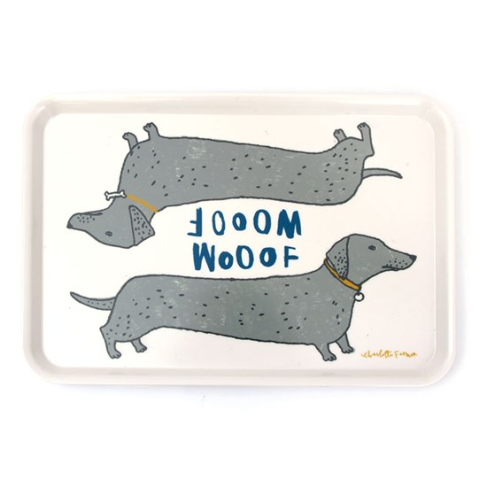 wooof large tray wooof large tray showing dachshund sausage dogs saying woof