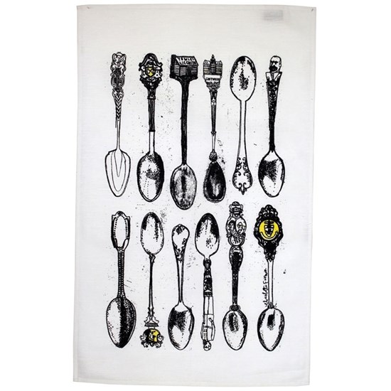 souvenir spoons tea towel souvenir spoons tea towel by illustrator charlotte farmer, antique old spoons illustrated