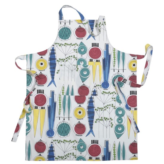 picknick apron colourful kitchen apron picknick, a vintage swedish design showing salad ingredients