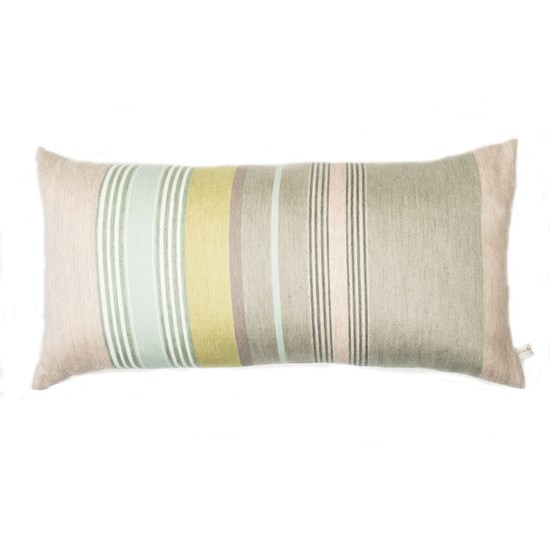 mistley stripe luxury cushion by laura fletcher in silk & cotton woven apple green & yellow colours