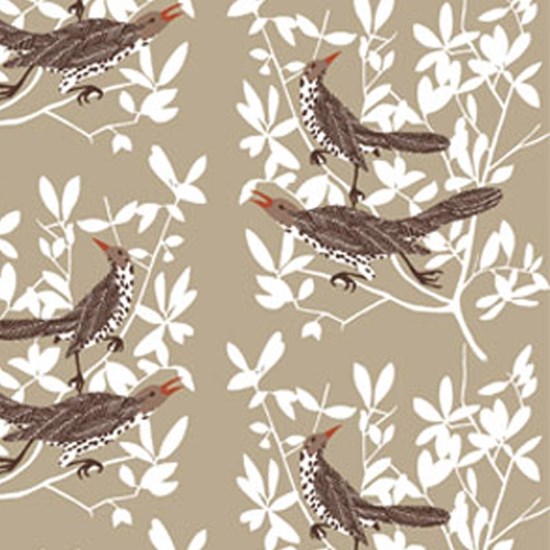 duett fabric - beige beige/natural and white duett cotton/linen fabric print with two thrushes singing in a tree