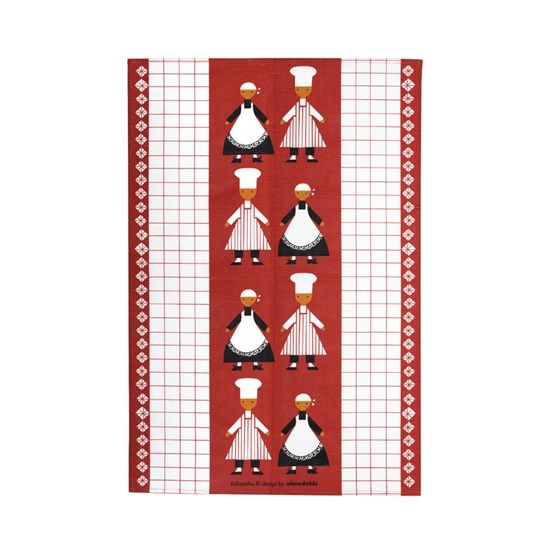 dancing cooks tea towel - red red & white drying up kitchen tea towel cloth in cotton/linen with dancing cooks in the design