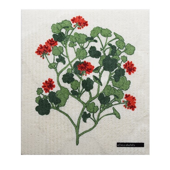 geraniums sponge cloth - red washing up kitchen sponge cloth with Swedish red geranium print design