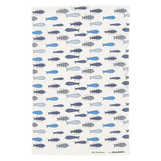 against the flow tea towel against the flow blue fish tea towel print