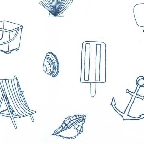 inky blue seaside fun bathroom roller blind blind fabric print seaside fun - inky blue