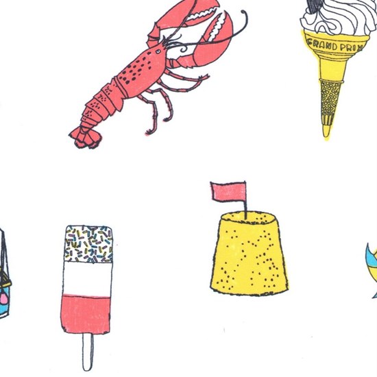 colourful seaside fun bathroom roller blind blind fabric print by charlotte farmer seaside fun - multi