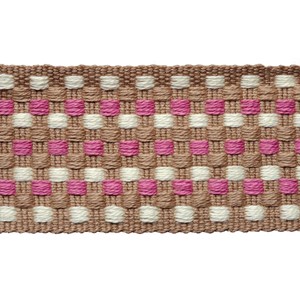 decorative interior trimming of small square dots woven in rose, white and natural in cotton box braid - rose