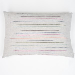 slub effect striped woven cushion by Laura Fletcher in multi colour on off-white ground chalkney stripe cushion in soft grey