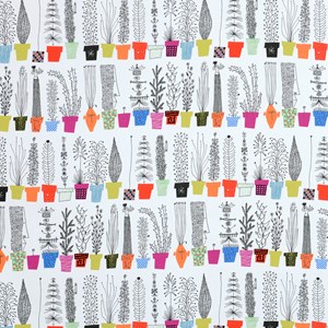 crazy pots cotton fabric printed with colourful flower pots and humorous plants crazy pots fabric