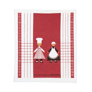 red & white washing up kitchen sponge cloth with two dancing cooks in the design dancing cooks sponge cloth - red