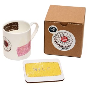 family favourites china mug & coaster gift set with tasty biscuits prints family favourites gift set