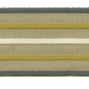 wide woven braid or interior trimming in bilberry, olive, white and natural colours fletcher stripe trim - bilberry