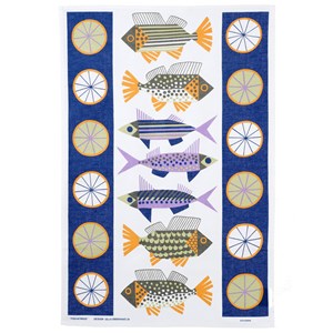 fish market kitchen tea towel featuring 1950s blue & purple fish on cotton/linen fabric fish market tea towel