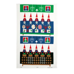 kitchen tea towel featuring swedish elves on vintage drying up cloth Christmas Elves tea towel