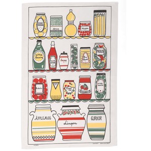 swedish pantry designer tea towel with retro jars and bottles in a 1950's larder Swedish pantry tea towel