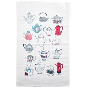 tea pot tea towel with collection of souvenir tea pots on cotton fabric always warm the tea pot tea towel