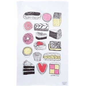 naughty but nice cake tea towel of cakes on cotton dish cloth naughty but nice cake tea towel