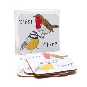 chirp coasters featuring a robin and blue tit by illustrator charlotte farmer chirp coasters