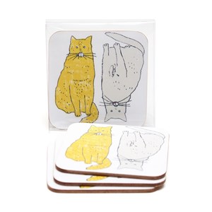 meow coasters by illustrator charlotte farmer of two humorous fat yellow and grey cats meow coasters