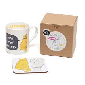 meow china mug & coaster gift set of two humorous fat yellow and grey cats in a box meow gift set