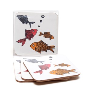 forgetful fish goldfish coasters by illustrator charlotte farmer in set of four forgetful fish coasters