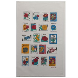 flower gardener tea towel with illustrations of flower seed packets by charlotte farmer the flower gardener tea towel