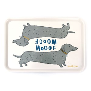 wooof large tray showing dachshund sausage dogs saying woof wooof large tray