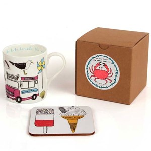 colourful seaside fun china mug & coaster set by charlotte farmer with gift box seaside fun mug and coaster gift set