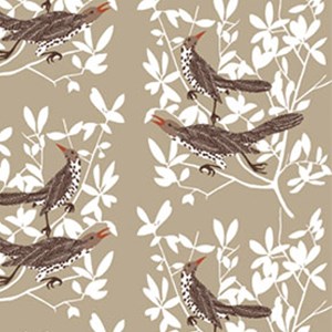 beige/natural and white duett cotton/linen fabric print with two thrushes singing in a tree duett fabric - beige
