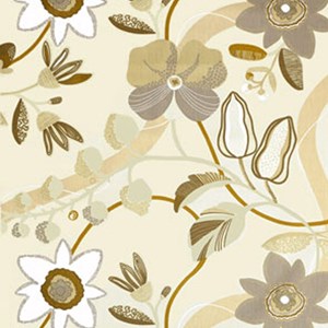 Beige botanic curtain or drapes print by Teija Bruhn of flowers and stems saga neutral fabric by the metre